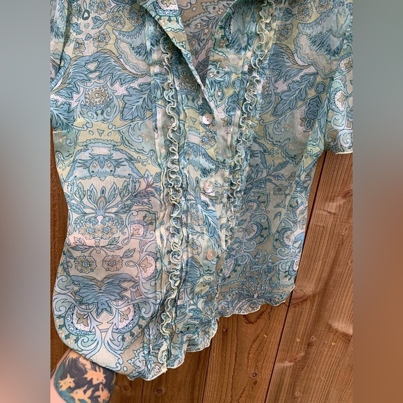 Vintage Studio 1 Womens Sz 14 Short Sleeve Semi Sheer Button Down Green Blue - Picture 5 of 8